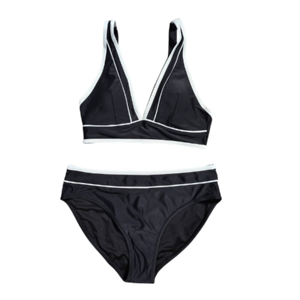 NWOT | Black & White Color-Block 2-Piece Swimsuit | White Piping | Small